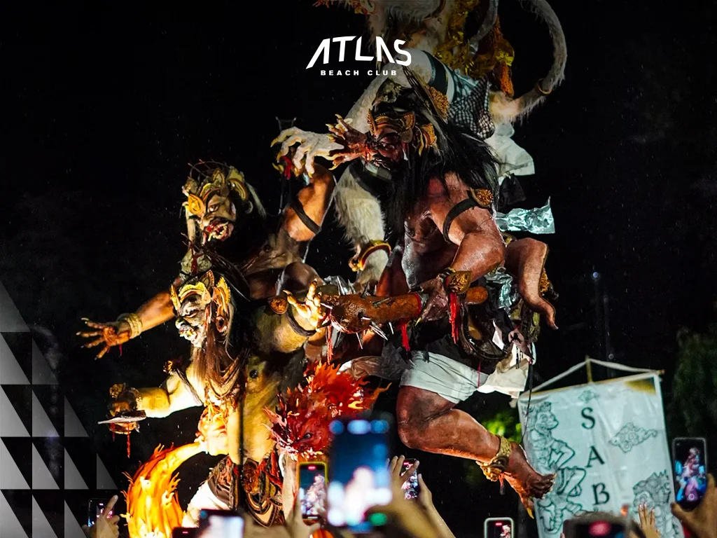 Balinese demonic effigies, ritual procession, traditional Nyepi celebration