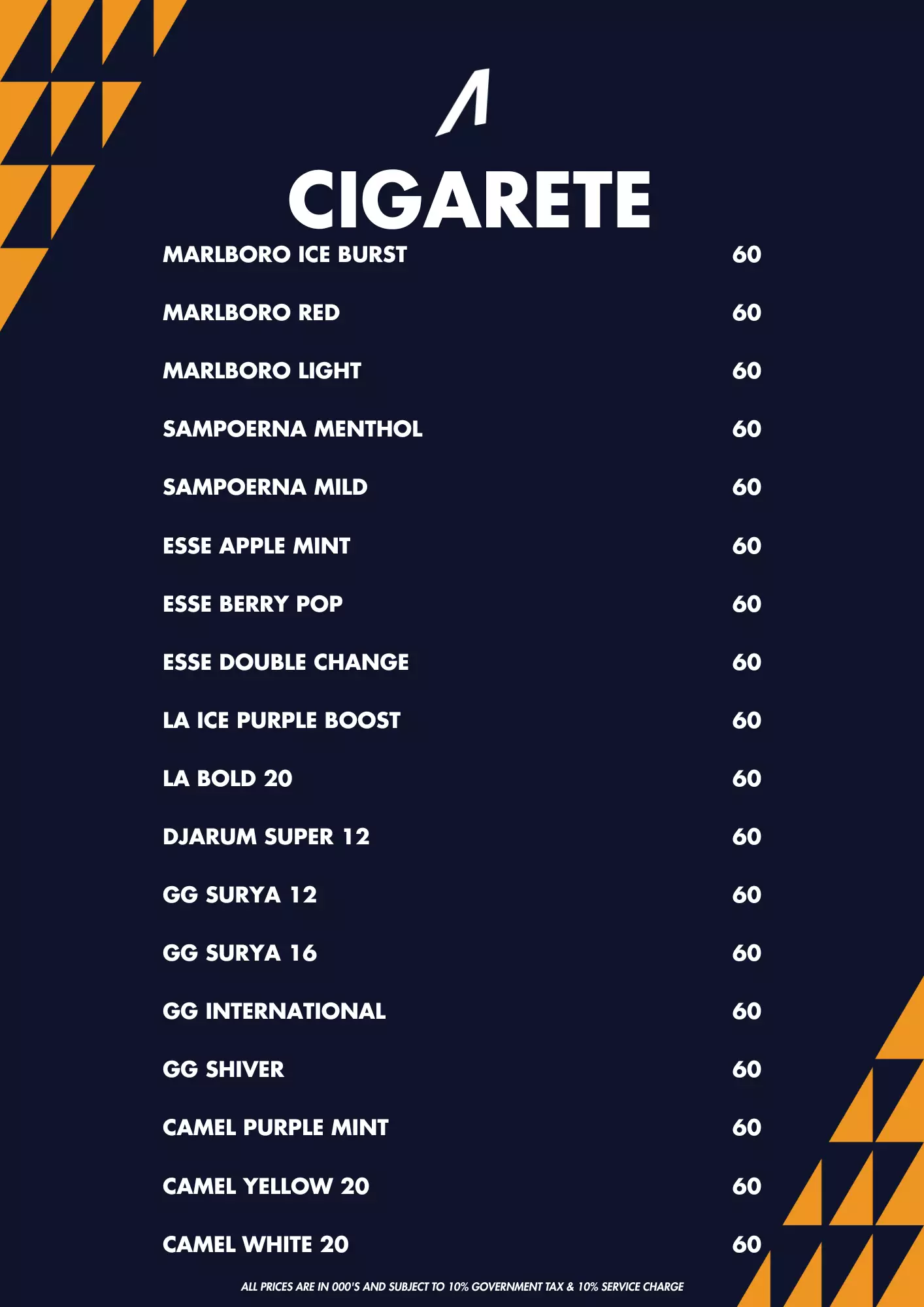 Menu - Cigarette - normal price - World's Biggest Beach Club & Super Club in Bali | Atlas Beach Fest