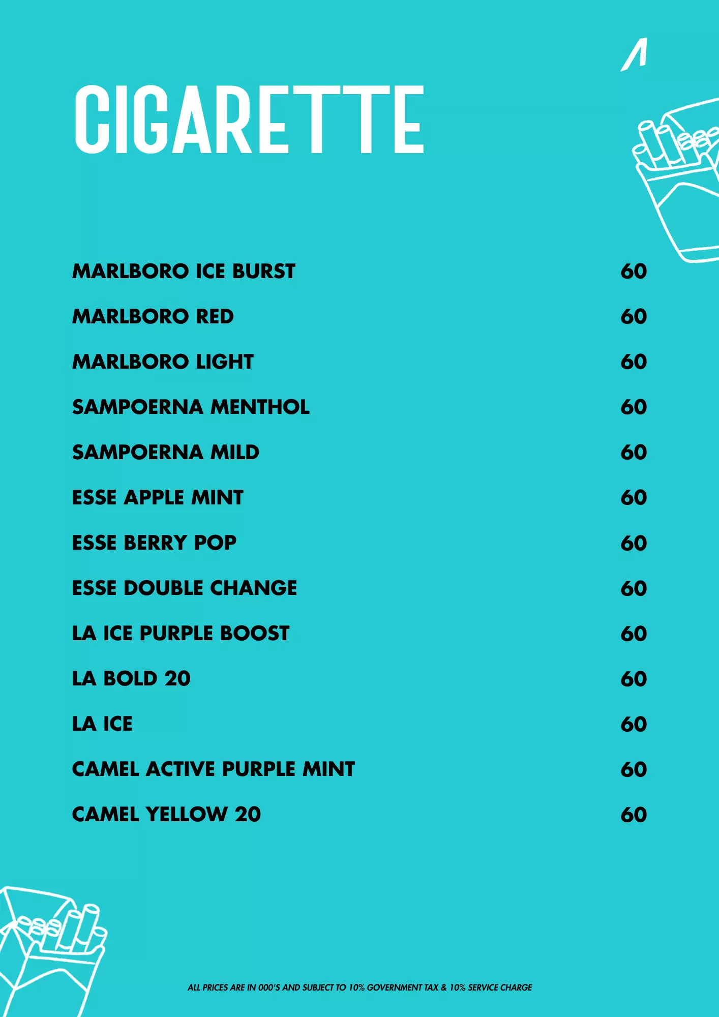 Menu - Cigarette - normal price - World's Biggest Beach Club & Super Club in Bali | Atlas Beach Fest