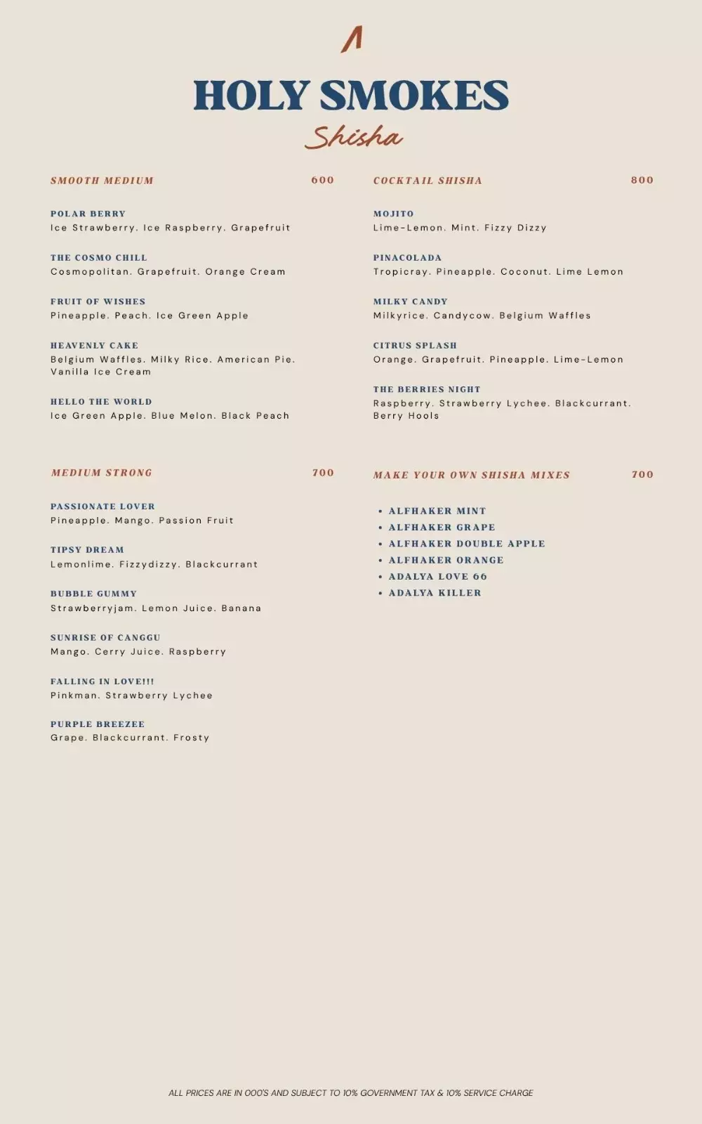 Menu 20% shisha