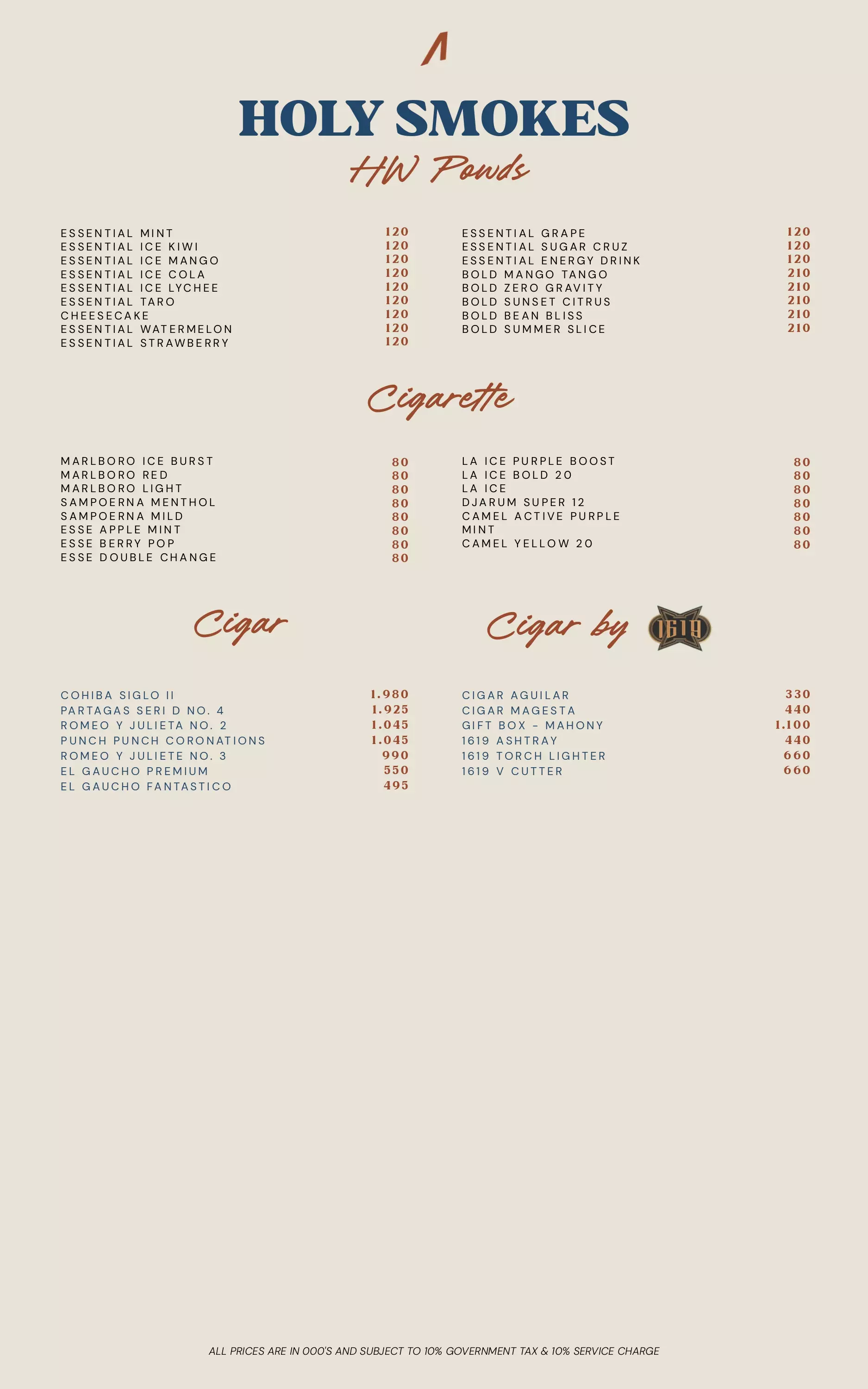 Menu - REGULAR DAY - CIGARS & CIGARETTE - NORMAL PRICE - World's Biggest Beach Club & Super Club in Bali | Atlas Beach Fest