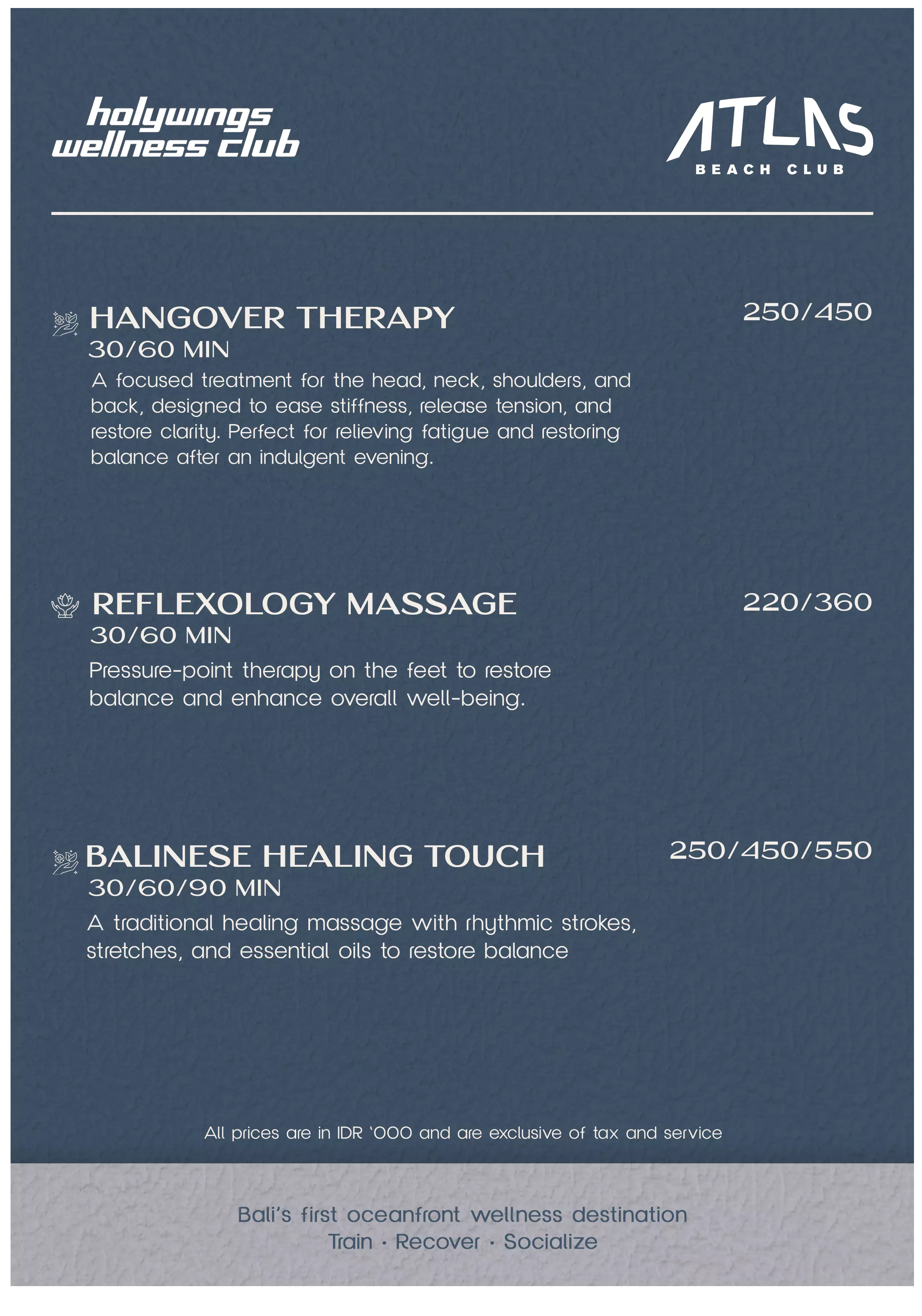 Menu - SPA new AWC - World's Biggest Beach Club & Super Club in Bali | Atlas Beach Fest