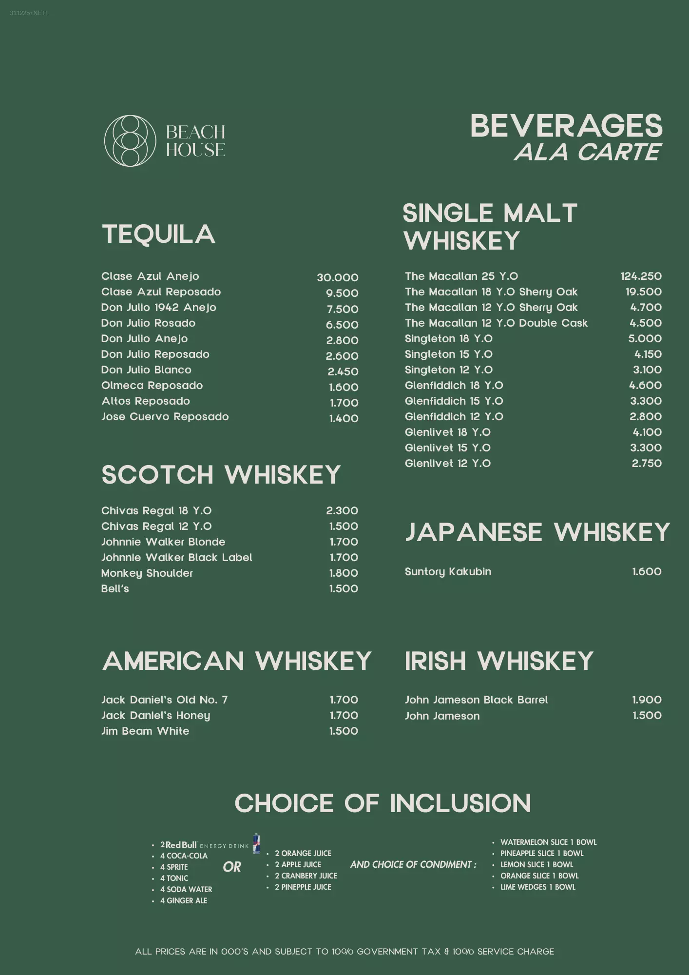 Menu - Whiskey & Tequila Reg - World's Biggest Beach Club & Super Club in Bali | Atlas Beach Fest