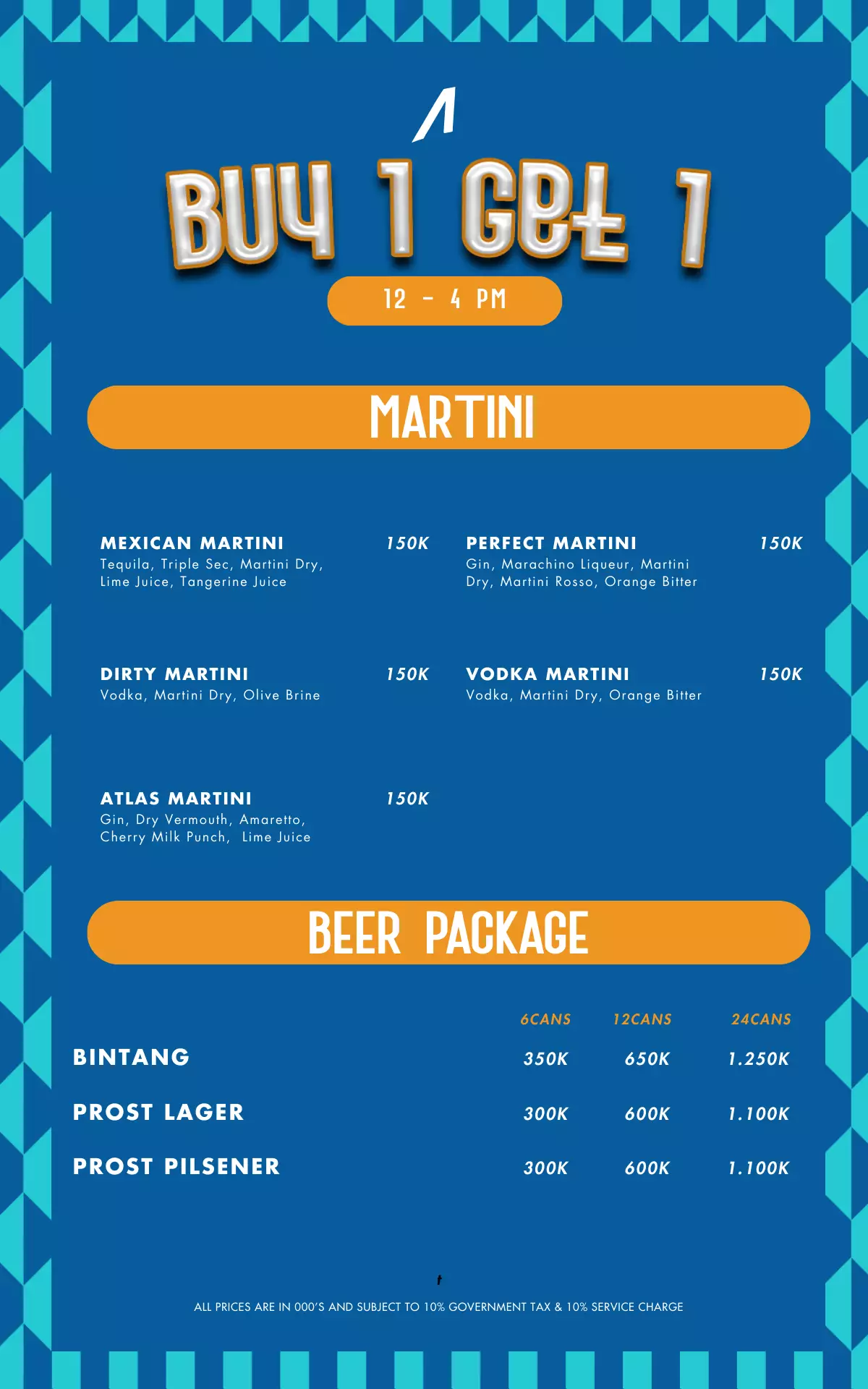 Buy 1 Get 1 12 - 4 PM Martini & Beer Package